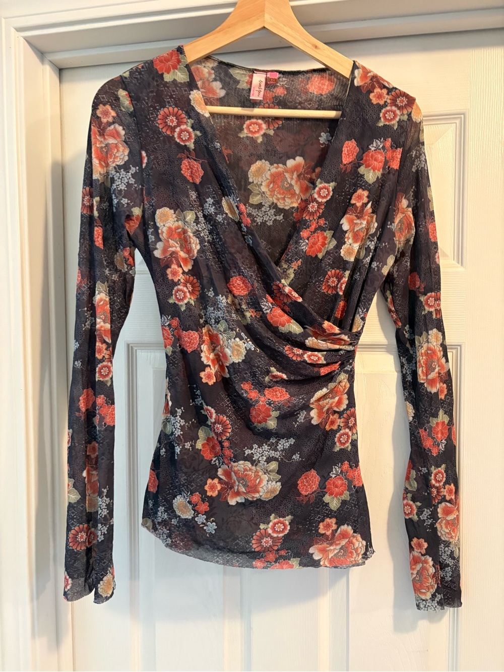 Sweet Pea Black Floral Wrap-Front Long Sleeve Top